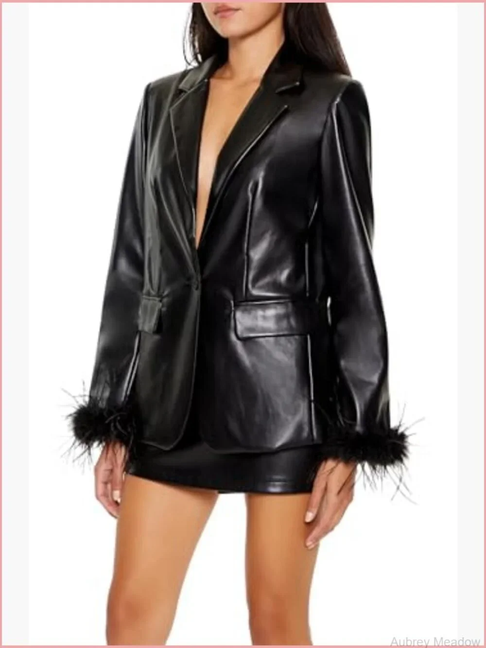 Faux Leather Blazer with Feather Cuffs - Notch Lapels